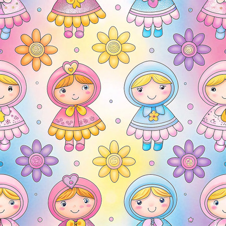 Seamless pattern of cute cartoon dolls and flowers on pastel background.の素材
