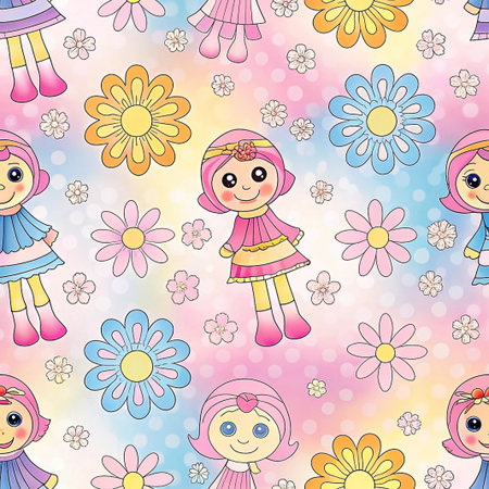 Seamless pattern of cute rag dolls and flowers on pastel background.の素材
