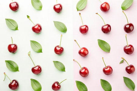 Cherries and leaves arranged in a pattern on a pastel background.の素材