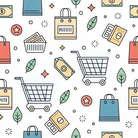 Shopping pattern with bags, carts, and moneyの素材