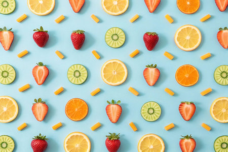 Vibrant fruit pattern strawberries, lemon, orange, kiwi slices on blue.の素材