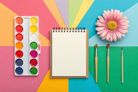 Watercolor paints, blank notebook, paintbrushes, and flower on colorful background.の素材