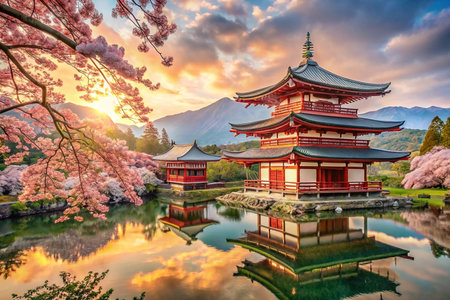 Japanese temple at sunrise, cherry blossoms, serene pond reflection, travel destination, tranquil beautyの素材
