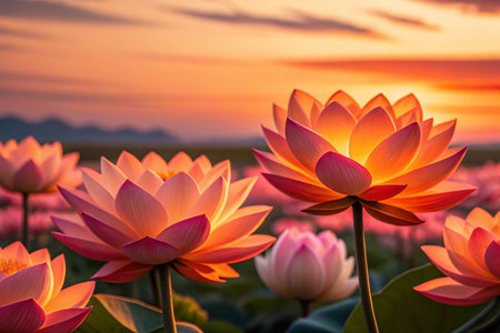 Glowing pink lotuses backlit by sunset.の素材