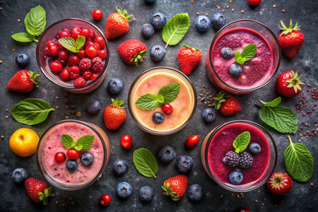 Six glasses of assorted berry smoothies, garnished with mint and surrounded by fresh berries.の素材