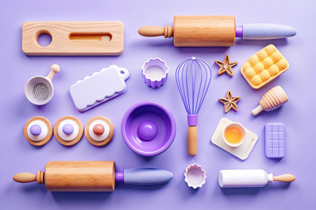 Flat lay of pastel-colored baking tools and ingredients on purple background.の素材
