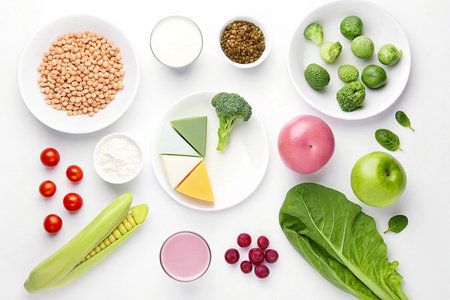 Healthy food chart showing various fruits, vegetables, dairy and legumes.の素材