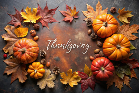 Thanksgiving arrangement with pumpkins, autumn leaves, and acorns on rustic background.の素材