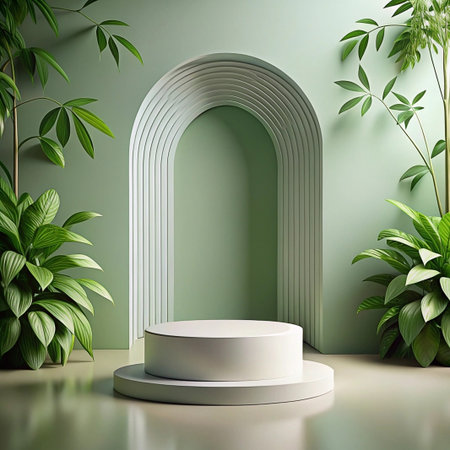 Minimalist white podium with green plants and archway background.の素材
