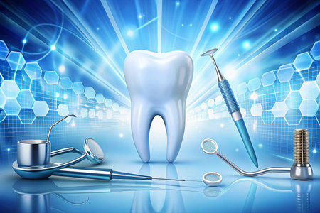 Healthy tooth, dental tools, blue tech background, oral careの素材