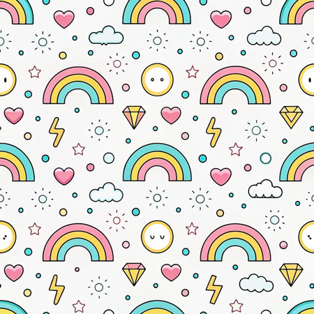 Seamless pastel rainbow pattern with hearts, stars, clouds, and sun.の素材