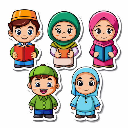 Cartoon kids wearing traditional Islamic clothing stand happily togetherのイラスト素材