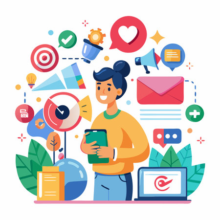 Vector illustration of a woman surrounded by business symbolsのイラスト素材