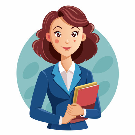 Cartoon woman in a blue suit holding a folder, smiling against an abstract backdropのイラスト素材