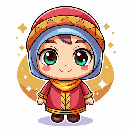 Cute cartoon girl with hijab, red coat, and yellow scarf on sparkly backgroundのイラスト素材