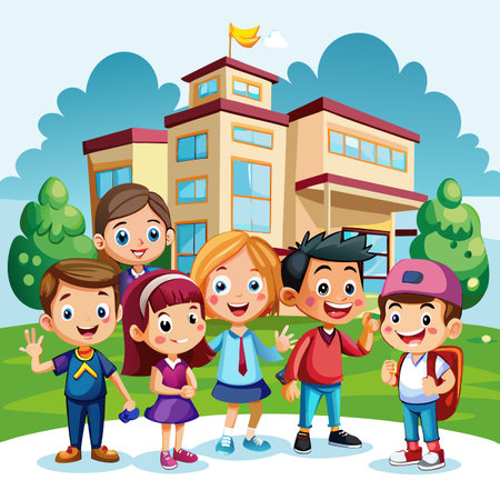 Cartoon children near school. Happy, colorful illustration of students in front of educational buildingのイラスト素材