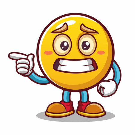 Cartoon emoji Yellow figure with a worried expression points to the left with an extended armのイラスト素材