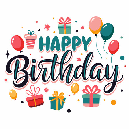 Colorful Happy Birthday illustration with gifts and balloons, on white background. Festiveのイラスト素材