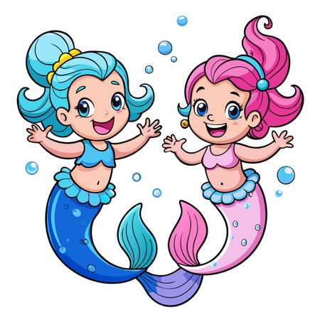Cartoon mermaids! Blue and pink tails with smiling faces and bubbly accentsのイラスト素材