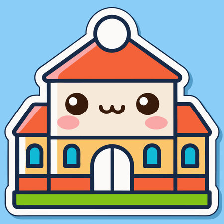 Cartoon building with kawaii face, orange roof, and light blue backgroundのイラスト素材
