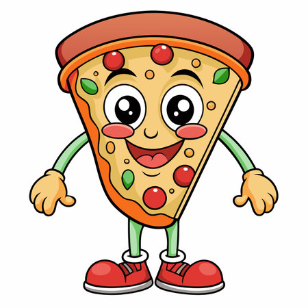 Cartoon pizza slice with a happy face, arms, legs, and shoesのイラスト素材
