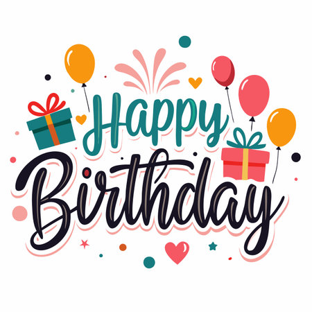 Happy Birthday card with balloons and gift boxes. Festive celebration designのイラスト素材