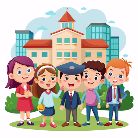 Students smile outside school building. Cartoon style, with vibrant colors and clear sky backgroundのイラスト素材