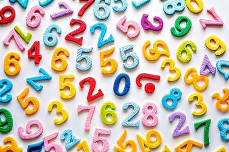 Colorful numbers scattered on white background.の素材