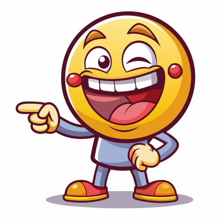 Laughing smiley character with winking eye and pointing leftのイラスト素材