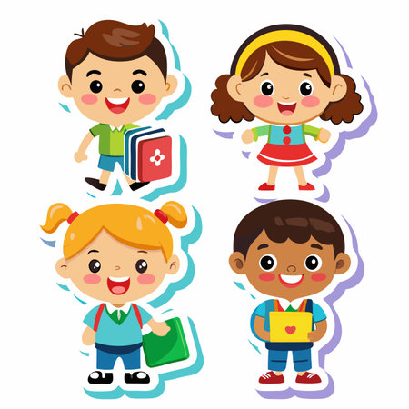 Cartoon kids with books. Children are smiling and happy. Colorful and fun sticker designのイラスト素材