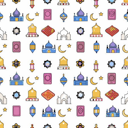 Islamic pattern with mosque, moon, star, lantern, and book icons on white backgroundのイラスト素材
