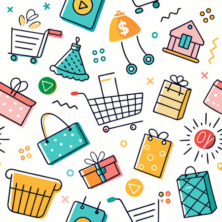 Whimsical retail pattern with gifts, carts, and bag icons on whiteのイラスト素材