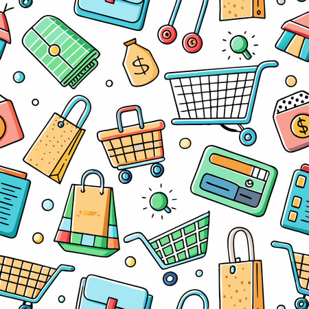 Whimsical pattern of shopping carts, bags, and money, on a white backgroundのイラスト素材