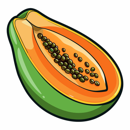 Sliced papaya with seeds, orange flesh and green skin. Simple cartoon illustration styleのイラスト素材