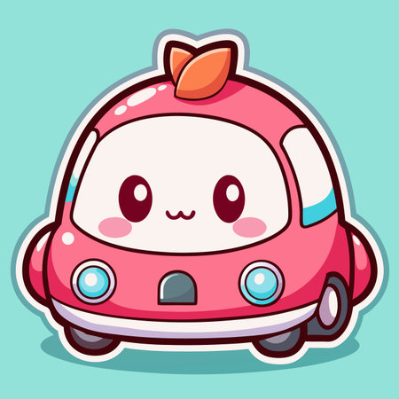 Cute, pink cartoon car with big eyes and a leaf detail on a blue backgroundのイラスト素材