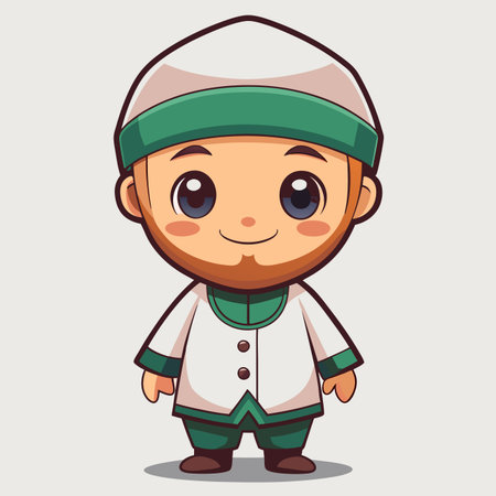 Cartoon character in white robe and cap with green trim, smiling on a cream backgroundのイラスト素材