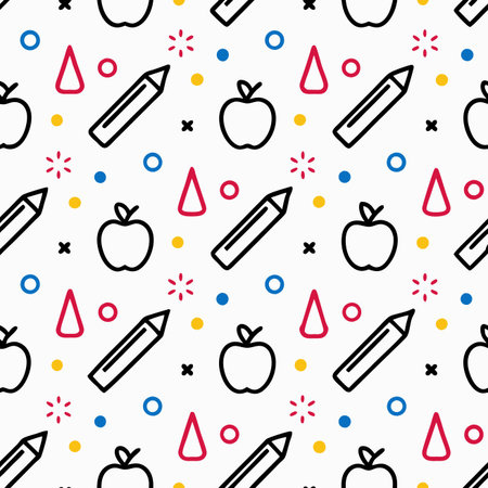 Pattern with apple, pencil, shapes, and dots on white. Simple, school-themed elementsのイラスト素材