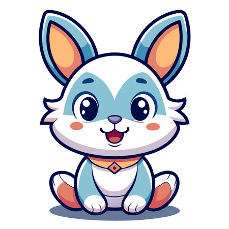 Cute cartoon rabbit sitting, big eyes and small open mouth. Blue, white, and orange color schemeのイラスト素材