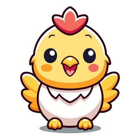 Cute chick hatched from egg, smiling. Yellow, orange, and white cartoon illustration on white backgroundのイラスト素材