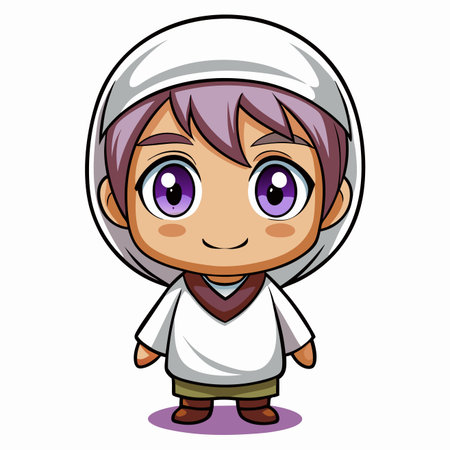 Cute, cartoon-style boy with purple eyes, wearing traditional Middle Eastern clothing, isolated on whiteのイラスト素材