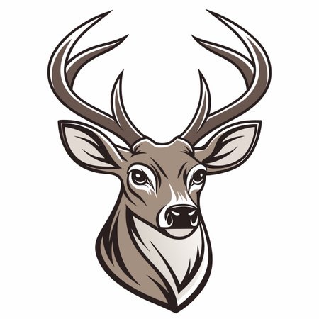Illustrated deer head with prominent antlers, brown and beige shades on whiteのイラスト素材