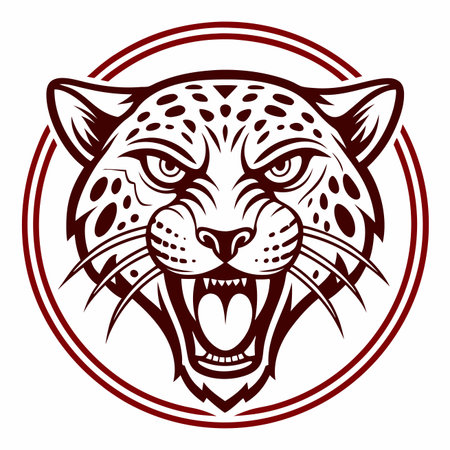 Feline face Angry wildcat head in circle frame. Vector drawing, detailedのイラスト素材