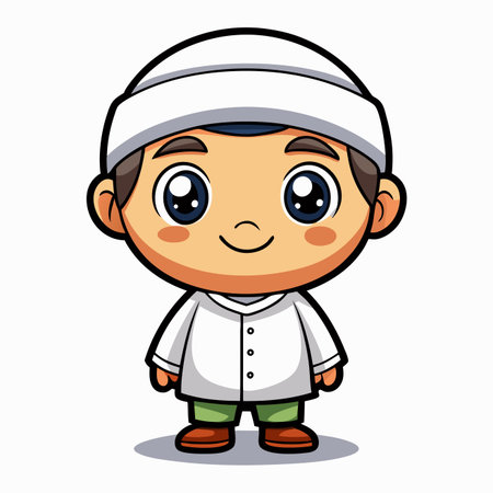 Cute cartoon boy wearing a white kufi and thobe, with green pants and brown shoes, smilingのイラスト素材