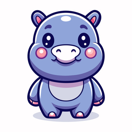 Cute hippo character with big eyes and pink cheeks in cartoon style, standingのイラスト素材