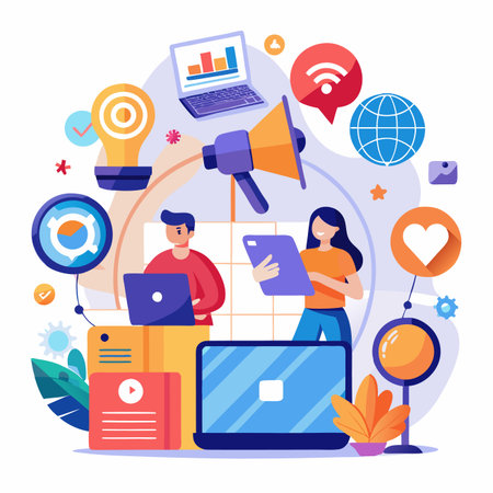 Illustration of business teamwork, technology, data analysis, and interconnected global communications conceptのイラスト素材