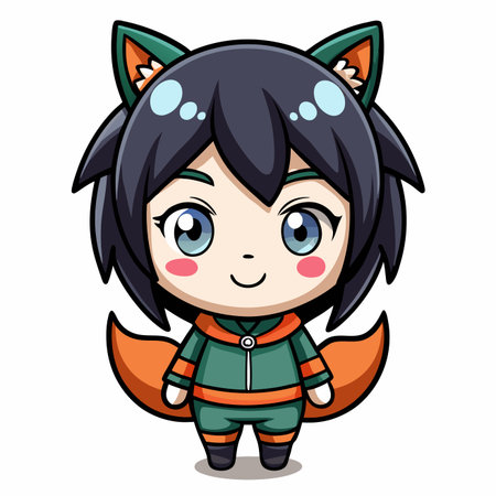 Cute cartoon character with fox ears and tail. Orange and green outfitのイラスト素材