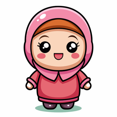 Cartoon girl A cute girl wearing a pink hijab with happy expressionのイラスト素材