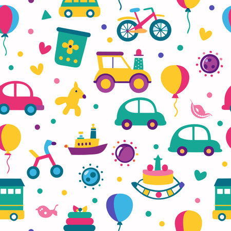 Colorful playful pattern of toys cars, trains, balloons, and more on a white backgroundのイラスト素材