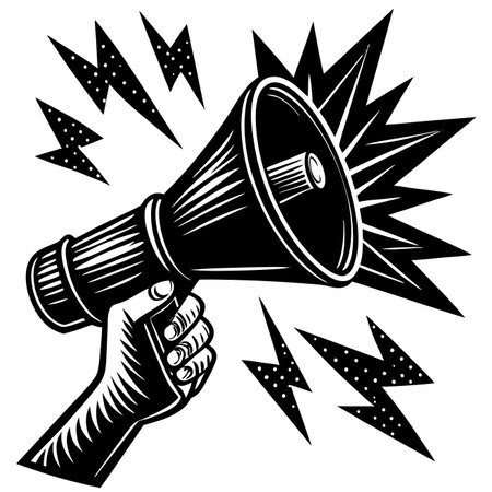 Hand holding megaphone with loud burst illustration in black and whiteのイラスト素材