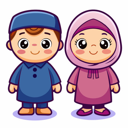 Cute cartoon Muslim children wearing traditional attireのイラスト素材